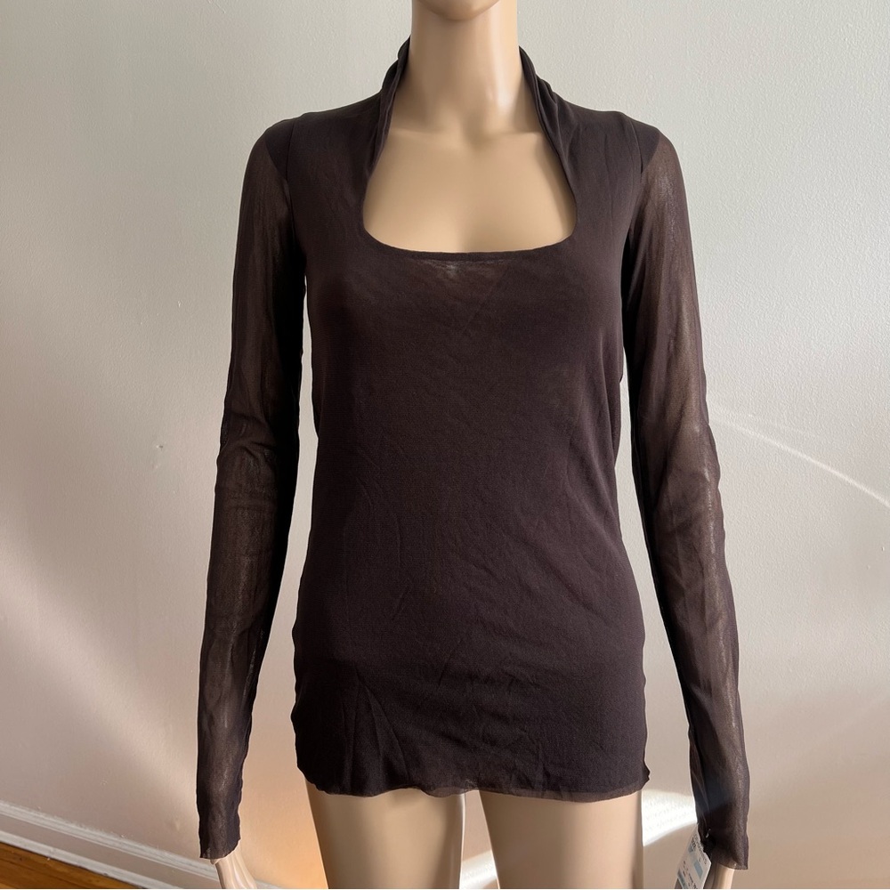 Fuzzi Sheer Double Layer Mesh Chocolate Brown Horseshoe Neckline Top Size L